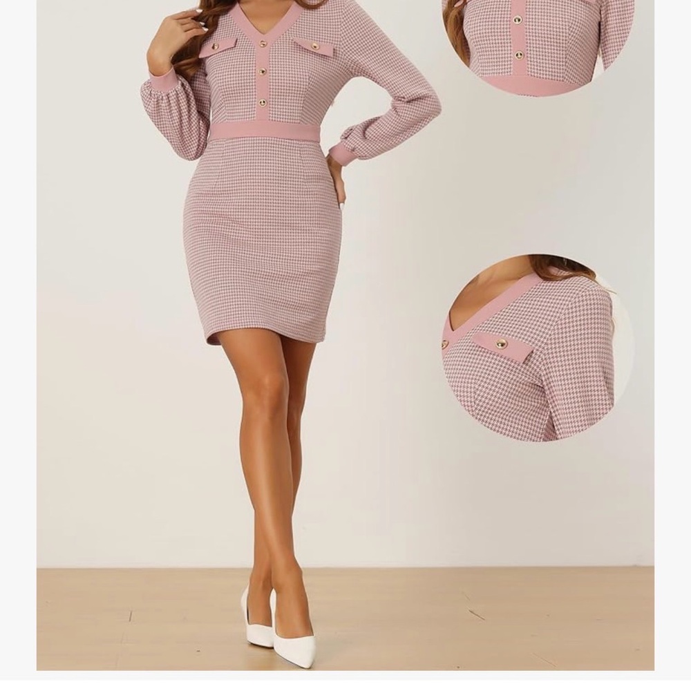 Allegra K Pink Long Sleeve Houndstooth Dress
